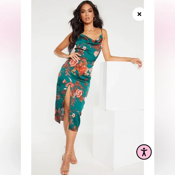 knee length dresses for ladies Emerald Green Satin Cowl Neck Midi Dress by Chloe Lewis